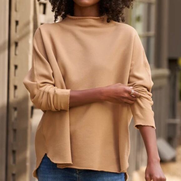 Frank & Eileen Large Effie Long Sleeve Funnel Neck Caplet Shirt in Camel Brown - Picture 3 of 10